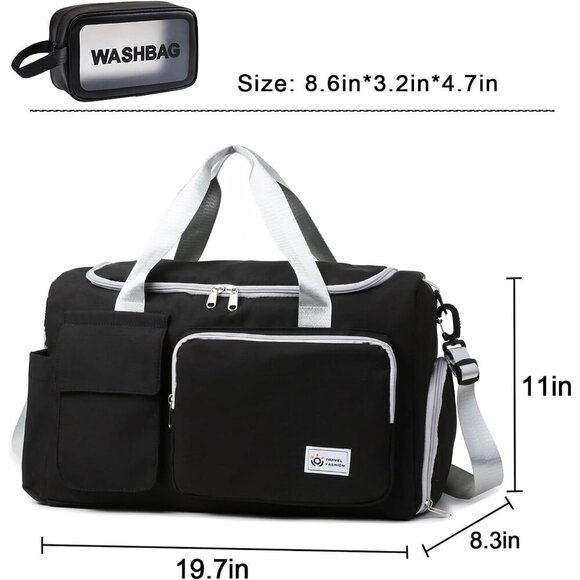 Women Black Grey Small Gym Carry On Weekender Travel Duffle Shoe Compartment Bag - Picture 3 of 5